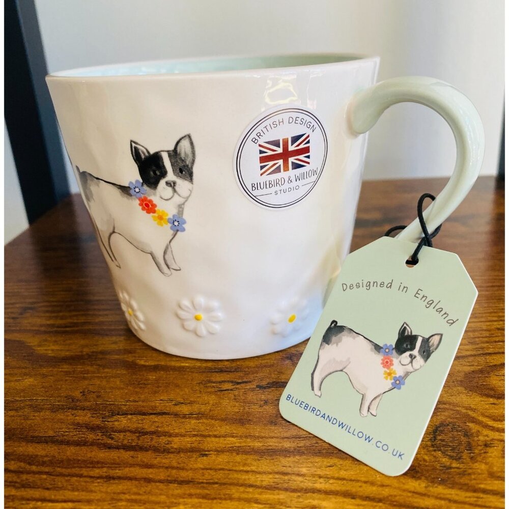 NWT Bluebird & Willow Boston Terrier Stoneware Mug With 3D Daisy British Design - Picture 3 of 5